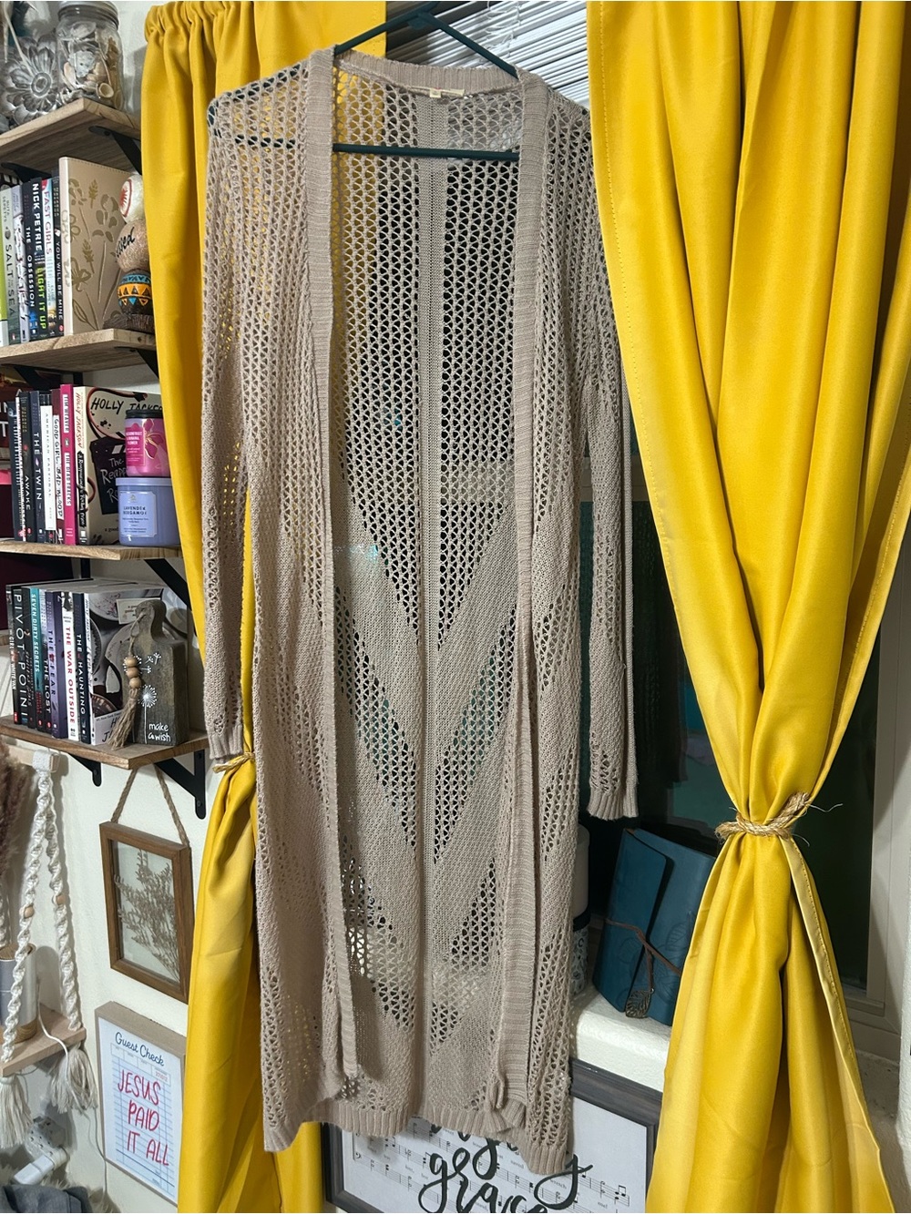 Wishful Park Beige Open-Knit Long Cardigan
